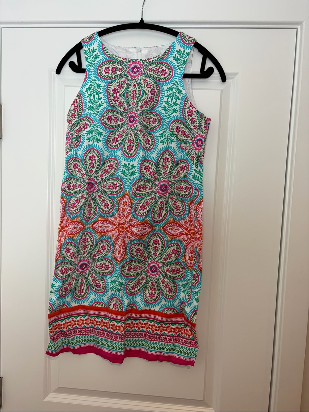 London Times Teal Floral Sleeveless Shift Dress with Pink & Orange Accents